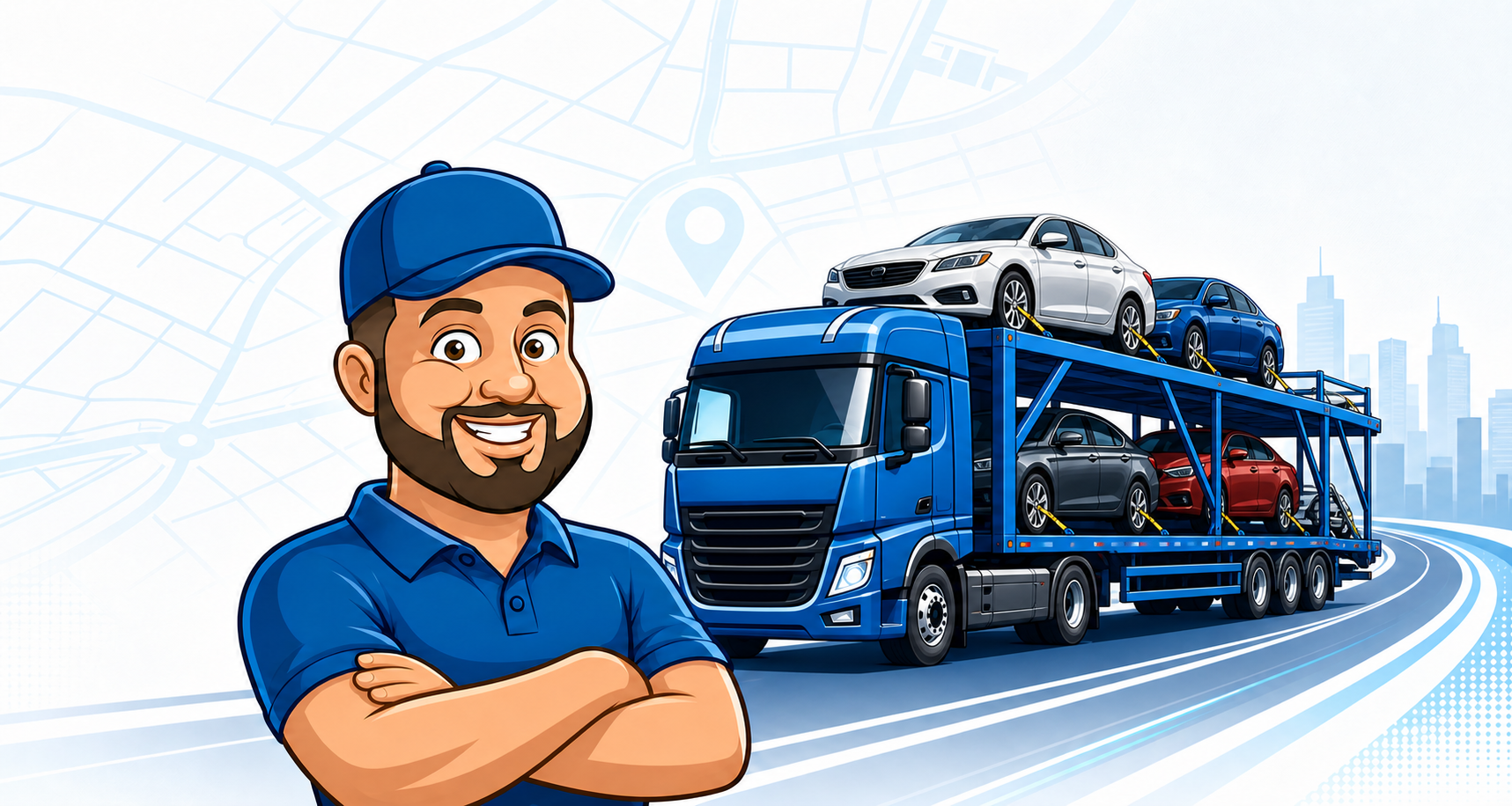 Motorista da LA Transportes ao lado de uma carreta-cegonha azul carregada com automóveis